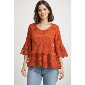 Lipslide Orange Crochet Lace Bell Sleeve Top Womens Large Boho